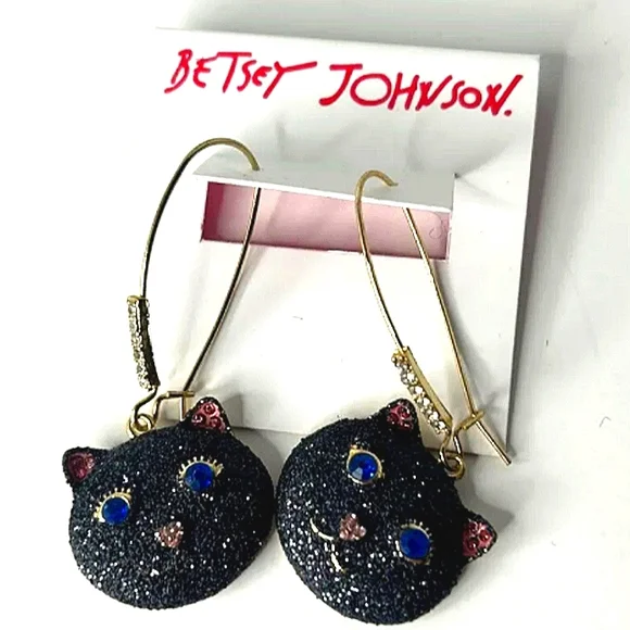 New! BETSEY JOHNSON Black Glitter Halloween Cat Long Drop Leverback Earrings. - Picture 5 of 9